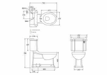 Concealed bottom outlet close-coupled WC with slimline rear or bottom entry flush button cistern